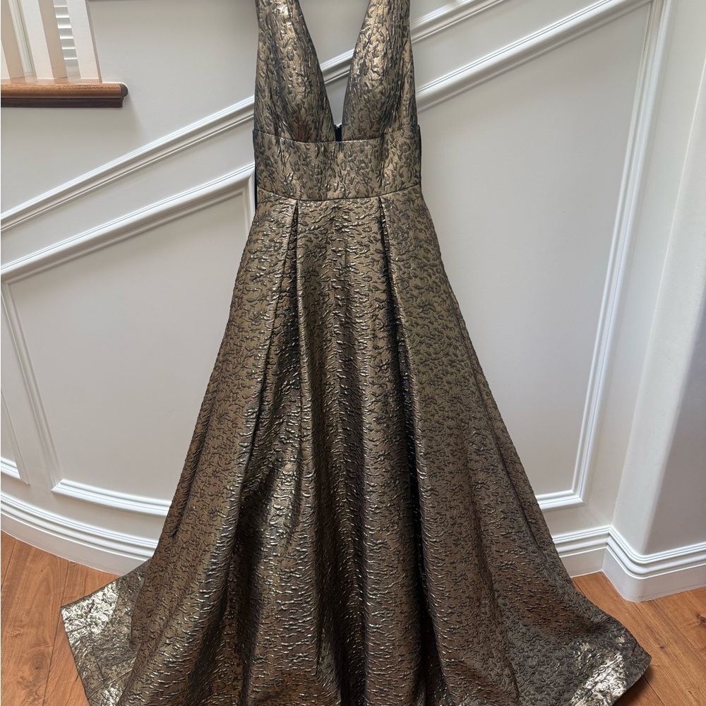 Mac Duggal Metallic Gold Backless Dress